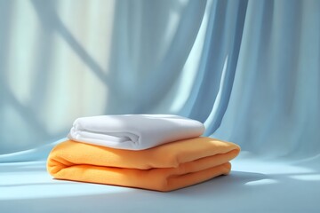 Fototapeta premium Yellow and white folded towels on blue background. Fresh clean laundry. 