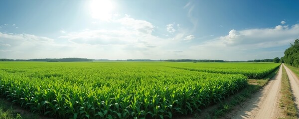 Fototapeta premium Panoramic view of green field separated by rural road. Sunny summer day with clear blue sky and white clouds. Agricultural land with bean crops, plantation in countryside. Harvest time.