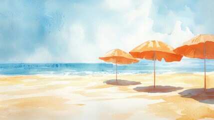 Fototapeta premium A beach scene with three umbrellas and a body of water