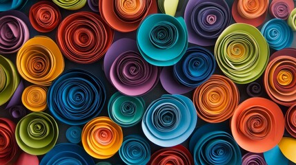 colorful paper spirals with vibrant hues, dynamic and artistic composition, textured and cheerful design, bold and modern tones