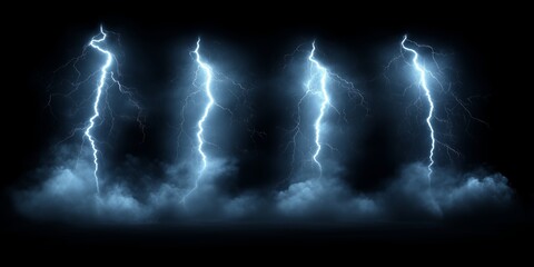 Lightning bolts striking from stormy clouds on black background