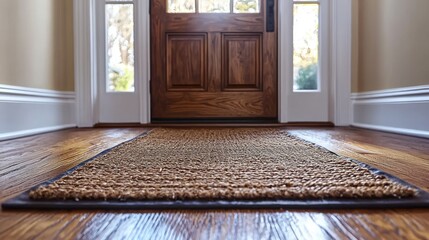 A home's inviting doormat welcomes guests in a cozy foyer, use for welcome ad