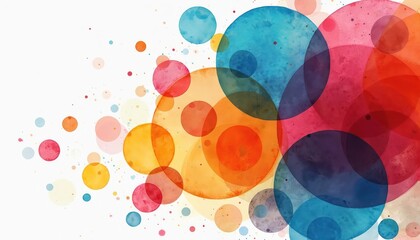 Colorful background with circles of different sizes. Watercolor styled vivid illustration with vibrant rainbow colors, overlapping shapes, paint spots. Abstract design good for web template banner