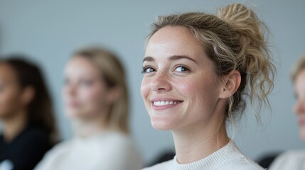 Fototapeta premium Smiling woman in meeting, colleagues blurred background, business presentation