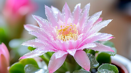 Pink cactus flower blooms, water droplets, indoor setting, nature close-up, botanical photography