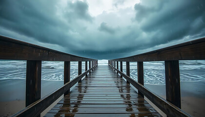  Snow-covered wooden Footbridge Leading to a Frozen Beach, Snowy winter landscape, created with generative ai