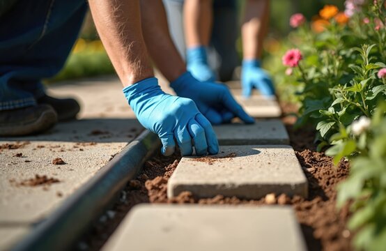 Worker in gloves installing edging to hold garden pavers in place. Backyard landscaping construction. Paver patio ground work. Man lays concrete blocks, builds path. Home improvement job.