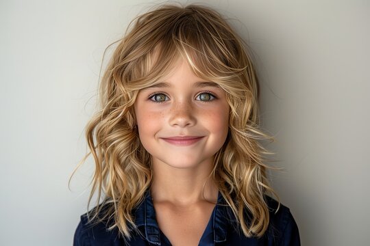 Charming eight year old girl model in purple outfit posing cheerfully against a white wall