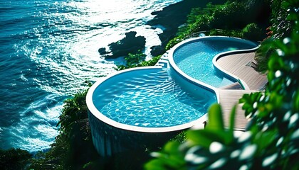 Naklejka na ściany i meble Outdoor swimming pool with blue water on the sea coast, view from above, elite summer vacation