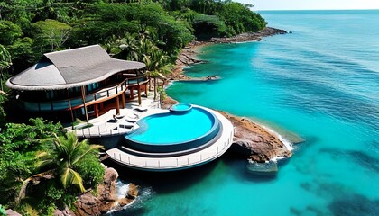 Plakat Luxury resort on the ocean, oceanfront with villa among trees and round outdoor pool with blue water, view from above