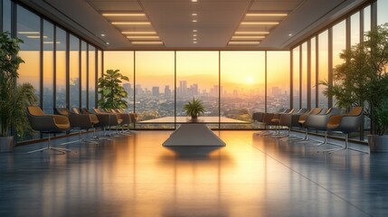 Fototapeta premium Elegant Corporate Meeting Room with Sunset City View