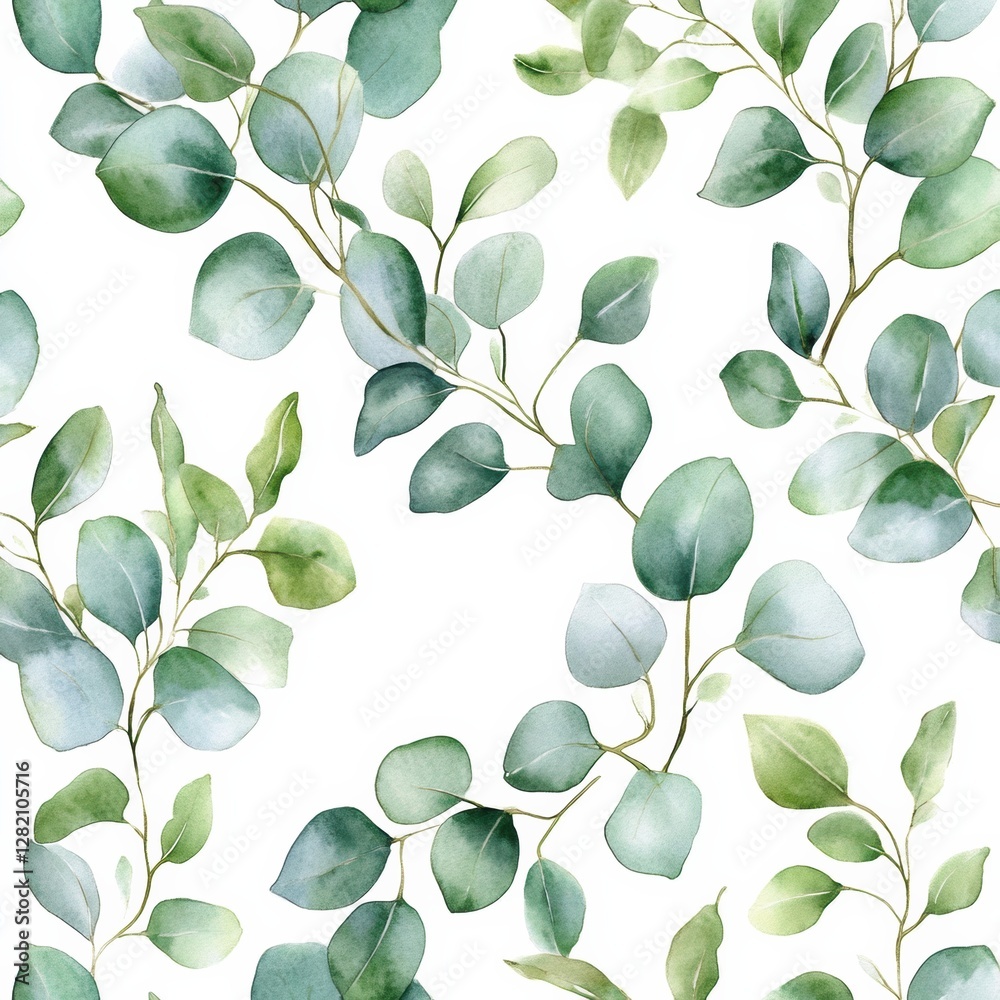 Poster Green watercolor leaves create a serene botanical pattern evoking a natural garden feel suitable for various décor styles. Generative AI