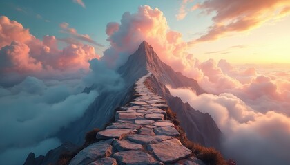 Stone path leads to mountain peak above clouds. Journey to success concept. Adventure background with persistence, courage, determination. Opportunity, challenge, progress for growth, forward