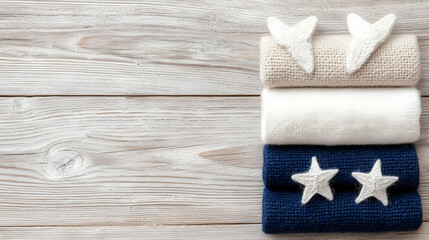 Cozy knitwear rolls, starfish decor, wooden background, winter fashion