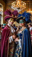 Fototapeta premium Elegant couple in masquerade masks at grand ball, timeless romance
