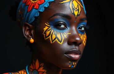 Beautiful African woman with colorful body art on face, neck against dark background. Female portrait, stylish ethnic make-up. Creative design. Pretty face. Luxury fashion. Elegant look with colors.
