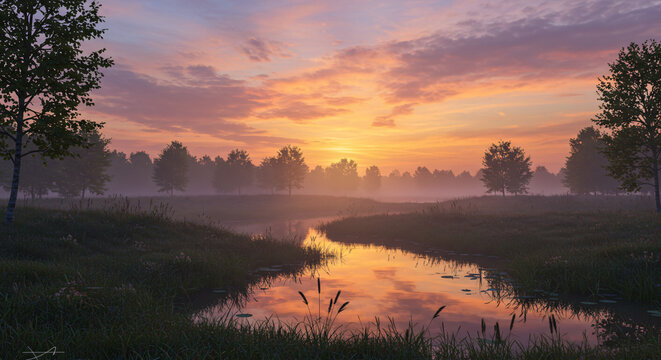 Sunrise over a tranquil lake with reflections for travel and nature blogs