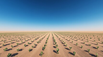 Naklejka premium Desert farming seedlings planted in arid landscape