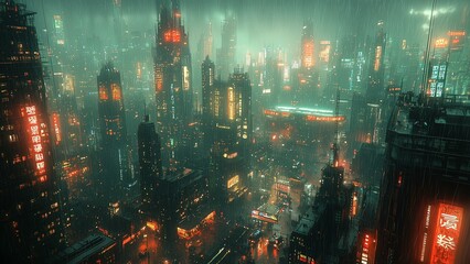 Fototapeta premium A sprawling cyberpunk cityscape illuminated by neon lights, filled with towering skyscrapers and a complex urban network of streets and elevated transport systems. The rain-soaked streets reflect the 