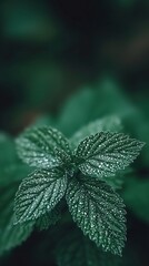 Close-up view of dew drops glistening on vibrant green leaves captured in a serene natural setting with soft blurred background and ample space for text
