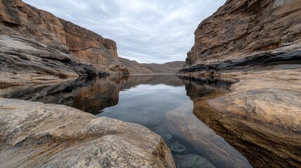 Calm canyon lake reflection, desert landscape, travel photography