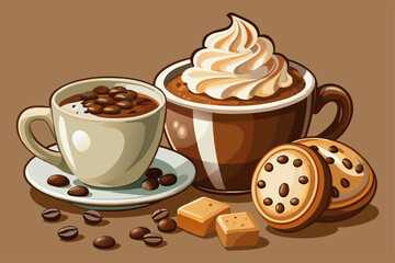 vector of Coffee served in a cup with cream of milk and chocolate chips on a brown background
