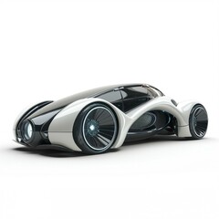 Futuristic concept car design in sleek black and white, showcasing innovative curves and advanced technology.