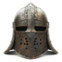 A close-up of a weathered medieval metal helmet showcasing intricate details and an aged patina.