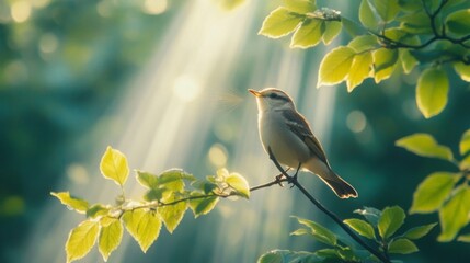 Obraz premium Small Bird Perched on Branch in Sunlight