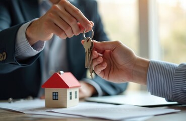 Real estate agent gives keys to client above house model. Residential property purchase rental, successful deal concept. Mortgage house loan investment at agency bank. Insurance broker sells