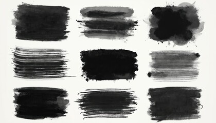 Set of nine black ink patterns, textures for artistic, graphic design. Crosshatch lines to solid fills provides diverse, detailed designs on white background. Various abstract styles offers contrast