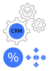 Gears with CRM, team figures, and analytics graph. Percentage symbol and workflow diagram with icons of team, document, email, clock, and light bulb. Ideal for business strategy project management