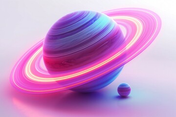 Obraz premium A vibrant, glowing planet with colorful rings, showcasing shades of purple and blue, radiating an otherworldly atmosphere.