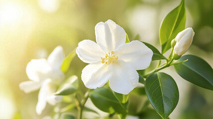 Fototapeta premium Macro Photography of a White Jasmine Flower, Captured with Sunlight Filtering Through the Petals and Casting Soft Shadows on the Lush Green Leaves, Highlighting the Subtle Textures and Delicate Colors