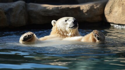 Polar bear cools off in water during an unbearably hot sunny day at the zoo