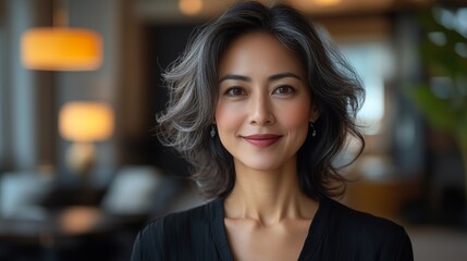 Smiling asian mature woman office worker, businesswoman