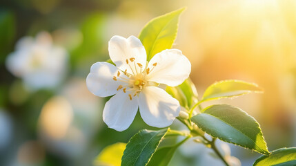 Fototapeta premium Macro Photography of a White Jasmine Flower, Captured with Sunlight Filtering Through the Petals and Casting Soft Shadows on the Lush Green Leaves, Highlighting the Subtle Textures and Delicate Colors
