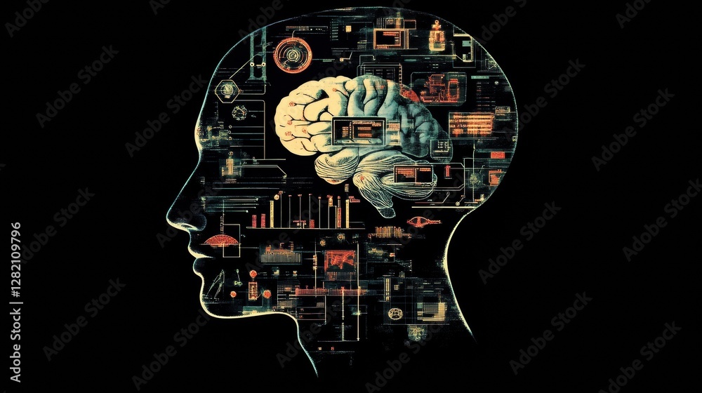 Aufkleber Schematic representation of artificial intelligence mechanisms within a human head outline conveying complex thought processes. Generative AI