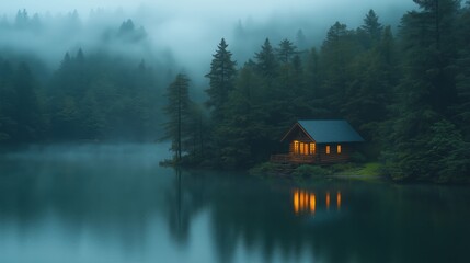 Fototapeta premium Home at fog forest in morning