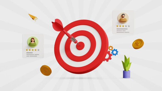 Digital target marketing, optimized campaign. Online marketing, customer engagement and acquisition, SEO, refine business strategies and goals. Bullseye with target customer review. 4K 3D animation