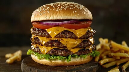 towering triple cheeseburger with melted cheddar over thick beef patties, crisp lettuce, tomato, onion, toasted sesame seed bun, crispy fries on rustic wooden board, dark slate background