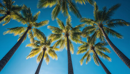 Fototapeta premium Summer, Breathtaking upward low-angle view of tropical palm trees reaching toward a vibrant blue sky with billowing clouds, evoking an exotic island paradise perfect for travel, vacation, nature.
