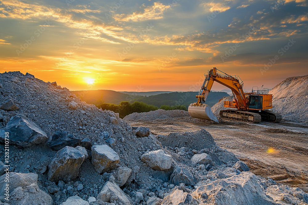 Poster limestone extraction process at sunset for cement production. generative ai