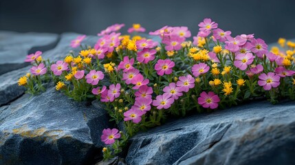 A serene rock garden with patches of colorful sweet alyssum flowers cascading gently over the edges