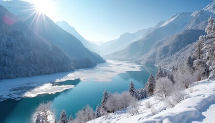 Panoramic view of turquoise lake between snow covered mountains, forests on sunny winter day. Ice floes float water surface. Winter wonderland landscape with frozen lake and snowy trees.