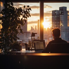 Plakat Office worker sunset view cityscape work