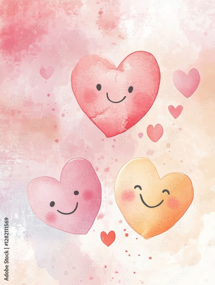 Aufkleber colorful watercolor hearts with smiling faces and soft pastel background conveying joy and affection