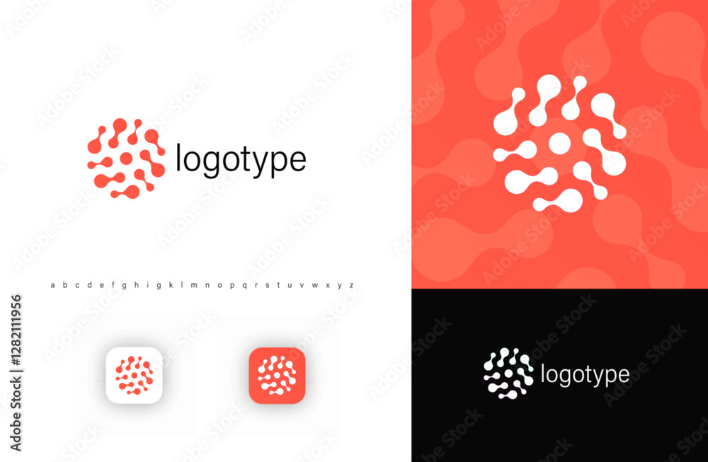 Poster abstract molecular structure logo with interconnected elements, symbolizing technology, innovation, 