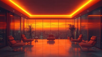 Modern Corporate Office Interior with Sunset View and Neon Lighting