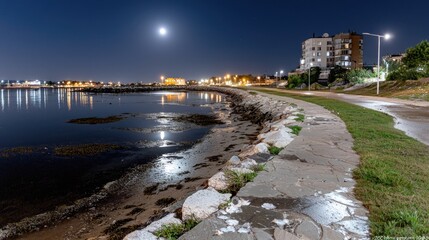 Fototapeta premium Night coastal path, moonlit harbor, buildings, calm water, travel